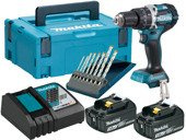 MAKITA Wkrętarka udarowa 18V 2x3,0Ah DHP484RFJ + zestaw wierteł 8 szt.