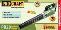 PROCRAFT Dmuchawa do liści śniegu akumulatorowa 20V 144 km/h KORPUS PB20